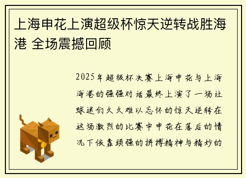 上海申花上演超级杯惊天逆转战胜海港 全场震撼回顾