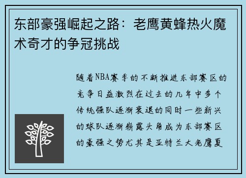 东部豪强崛起之路：老鹰黄蜂热火魔术奇才的争冠挑战
